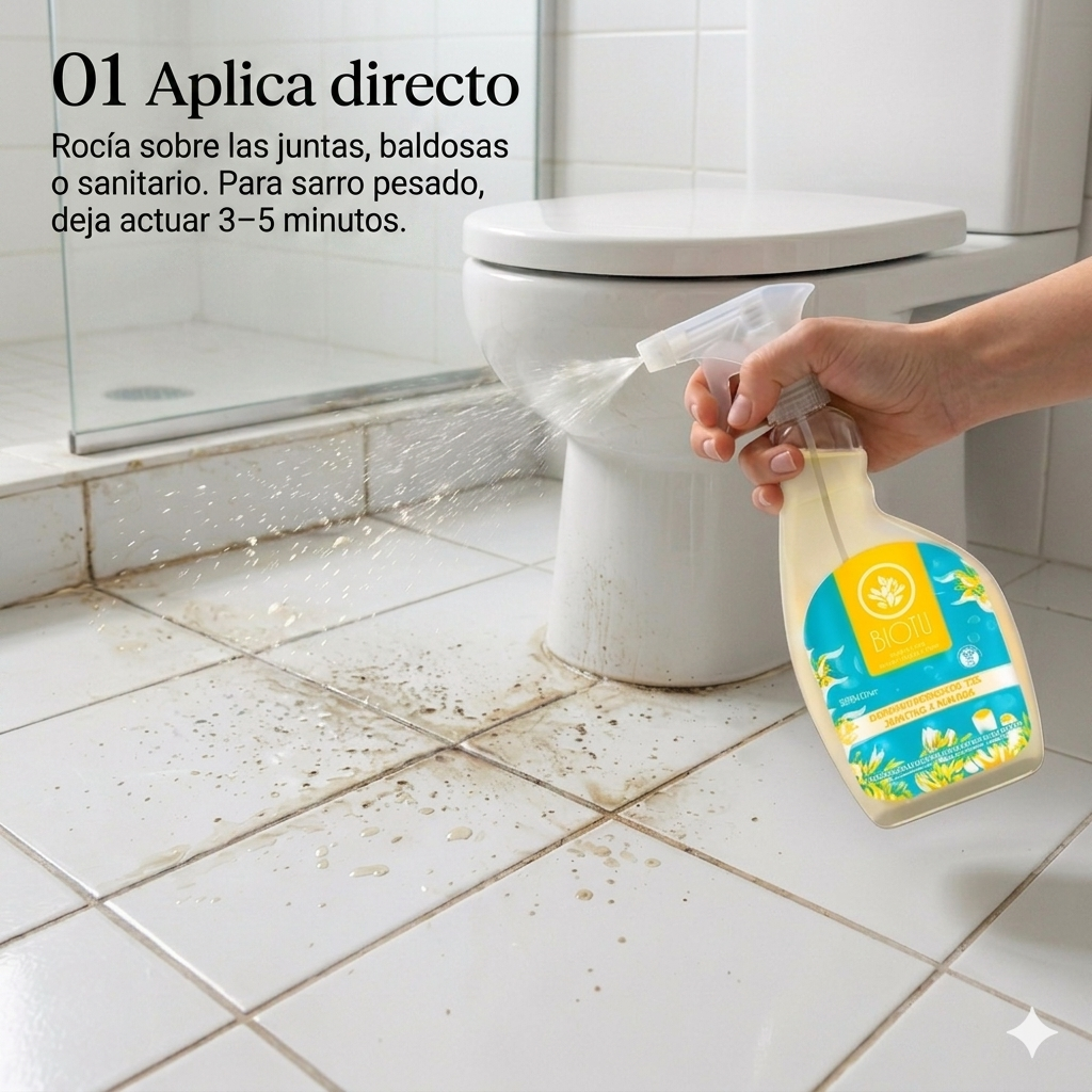 Paso 01 — Aplica directo el desmanchador Biotú sobre las juntas del baño